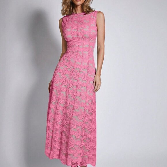 Pink Elegant Women's Lace Sleeveless Midi Dress - Picture 3 of 7